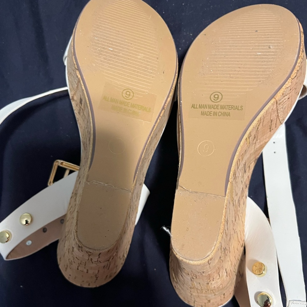 New Studded Leather White Cork Wedges